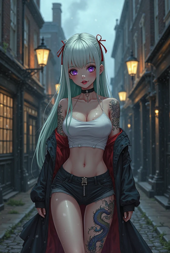  Beautiful girl college student，masterpiece，light makeup，red lips，silver hair，messy long hair，street background，graceさ，grace。super fine，works of masters，authentic texture，cinematic lighting realism，Perfect Piece，8K，khd，delicate features，((topless、topless、NSFW))，hot pants，slim body shape，big and bright eyes，((have a tattoo))
