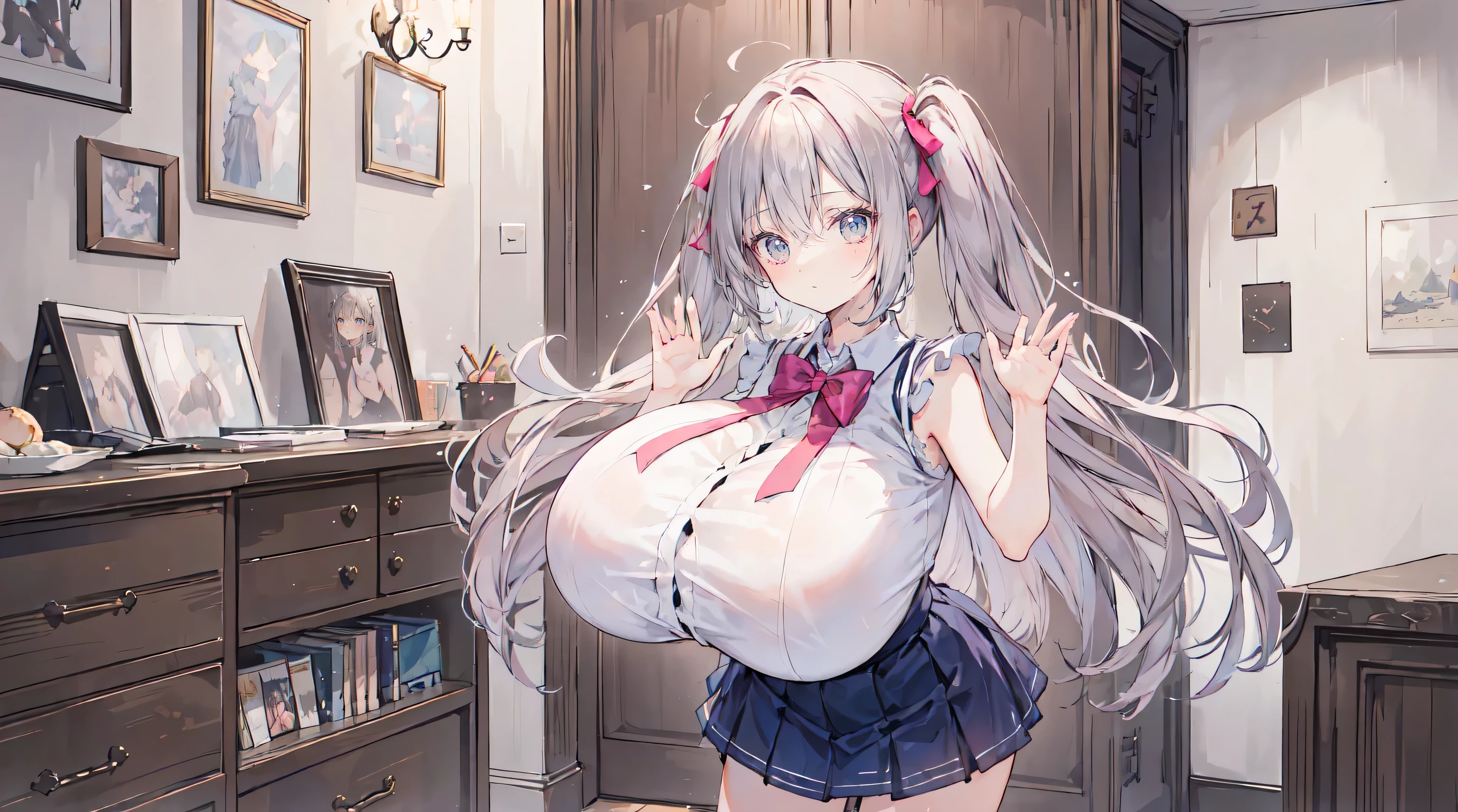 Kaguya Tsukina、high resolution、Virtual YouTuber、A girl、, Red knee-length socks, Double tail, blue eyes, Hair accessories, sash, cleveage、sleeveless、hairpin、Gray hair、Black clothes、Red belt、Huge Breasts,Pregnant