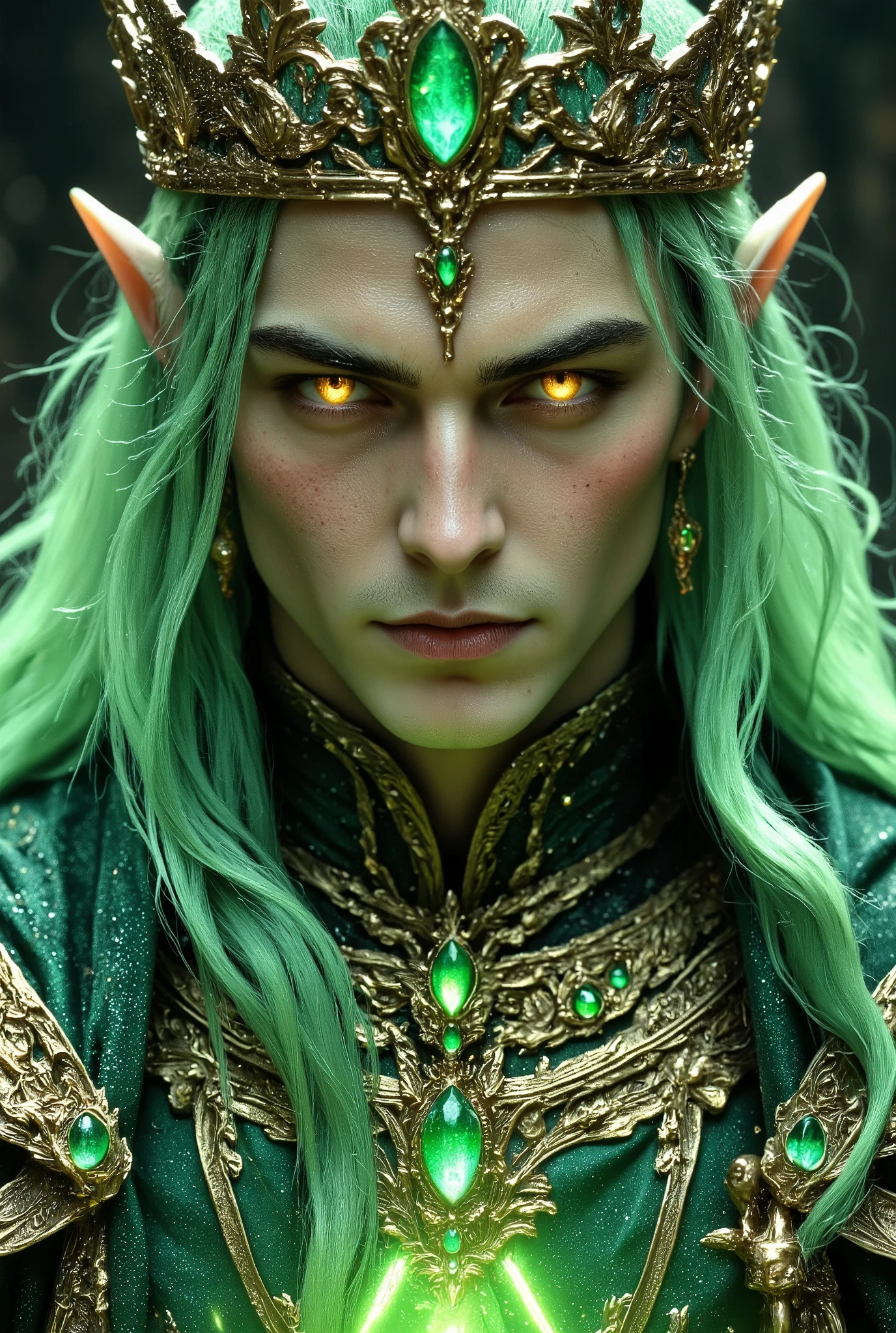 Very thin, crunchy male elf king((Beautiful luminous green hair with long mullet hair))A beautiful man with a very thin, smooth chin and clean, thin cheeks((very very large hanging glowing golden eyes))Elf's Long Earsの絶世美男子は発光緑mullet髪((A 50-year-old man with beautiful, smooth, pale skin1Man is the King of the Wind God))Precise hands and fingers and a beautiful face(A huge, very long, luxurious crown)luxurious magic stone necklace、 Gorgeous Jewel Earrings (50-year-old male aristocrat king with his mouth shut)The luxurious cloak costume of medieval royalty((Luxurious medieval aristocrat fantasy costume with detailed pattern))Look at Viewer、Very large, beautifully glowing golden eyes、DYNAMIC POSE、Elf's Long Ears