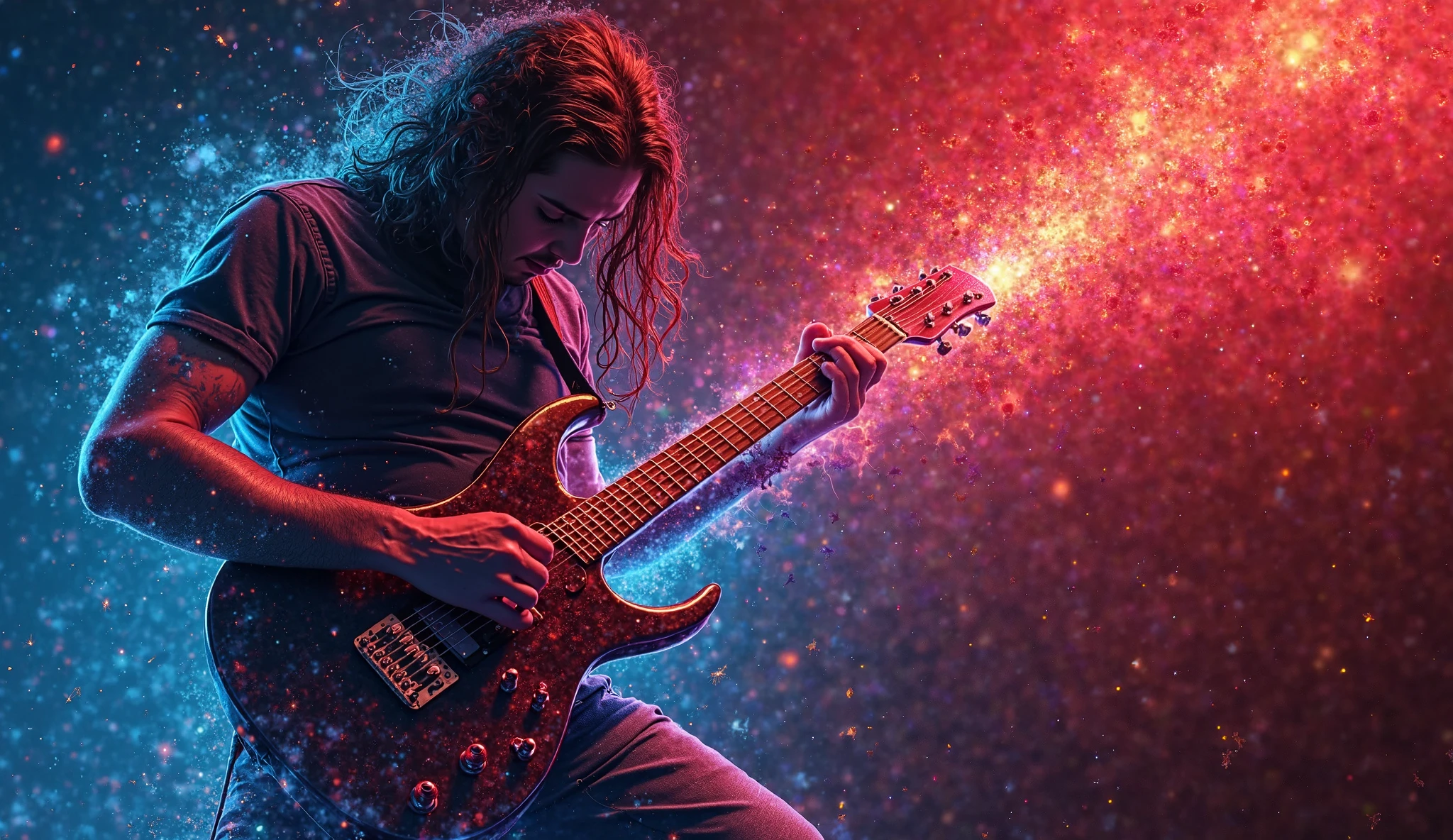 incitar: " A composition by a guitarist representing the essence of rock ballads , with a whirlwind  ,   vibrant colors of deep red  , portanto,   and electric blue  . The image presents,   fluid shapes and sharp angles  ,   symbolizing the powerful emotion and energy of the song  .   Threads of light and shadows merge  ,   evoking the ups and downs of a rock ballad  .   Abstract shapes seem to pulsate and vibrate  ,   capturing the intensity and depth of a soulful guitar solo in an emotional performance."