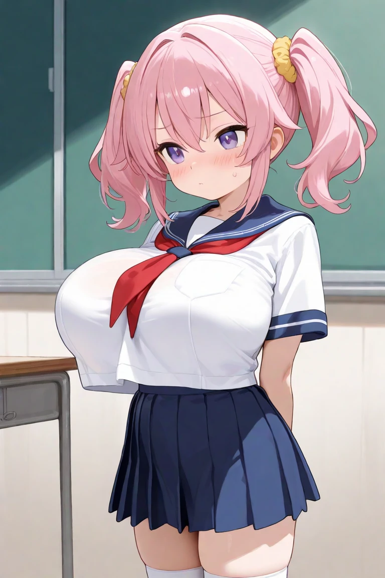 ((highest quality, High resolution, Perfect Pixel, 4k)), (1 girl), (Beautiful Anime Girls),
Watching the audience,
Perfect body,
yuigahama yui, (Big Breasts:1.7)、Detailed eyes、Brown eyes、Primary school students、Twin tails、Pink Hair、
(blush:1.1)、Grin、
(carrying randoseru backpack and wearing navy buruma and gym uniform with colored hem:1.2),
School classroom、
Focus on the chest、Sweat、