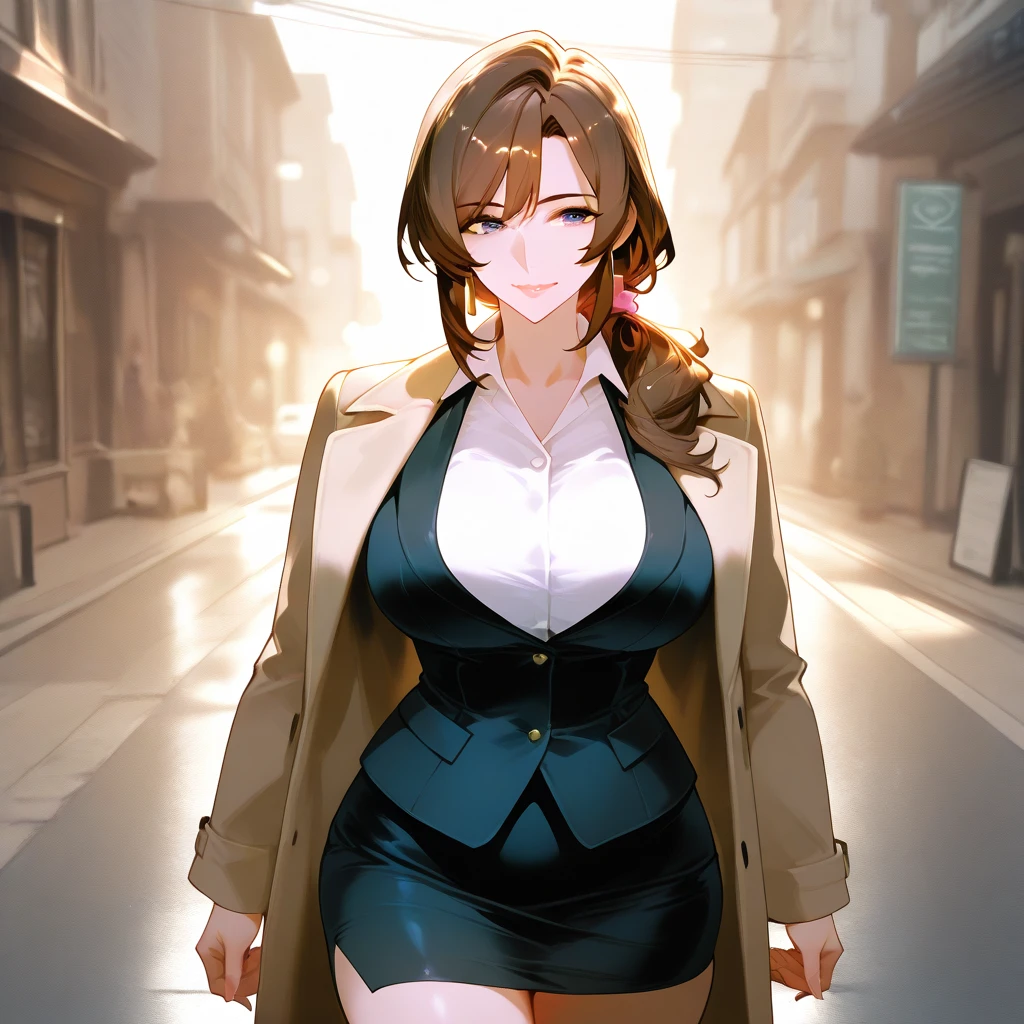  1 mature woman. milf. ((deep blue eyes)), dark brown long hair. ponytail, dressed in a teacher's outfit: coat, white blouse, black pencil miniskirt . smiling. in street. night. is a prostitute waiting for clients