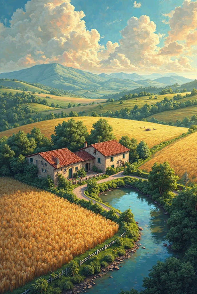 Draw a farm surrounded with a fence and some trees make green fields and wheat field here and there on the same of that farm and make a farmhouse Italian style make a pond next to the farm and a little stream going next to the farm and a dirt road draw this with top down aerial view high above make the sky full of colorful clouds 