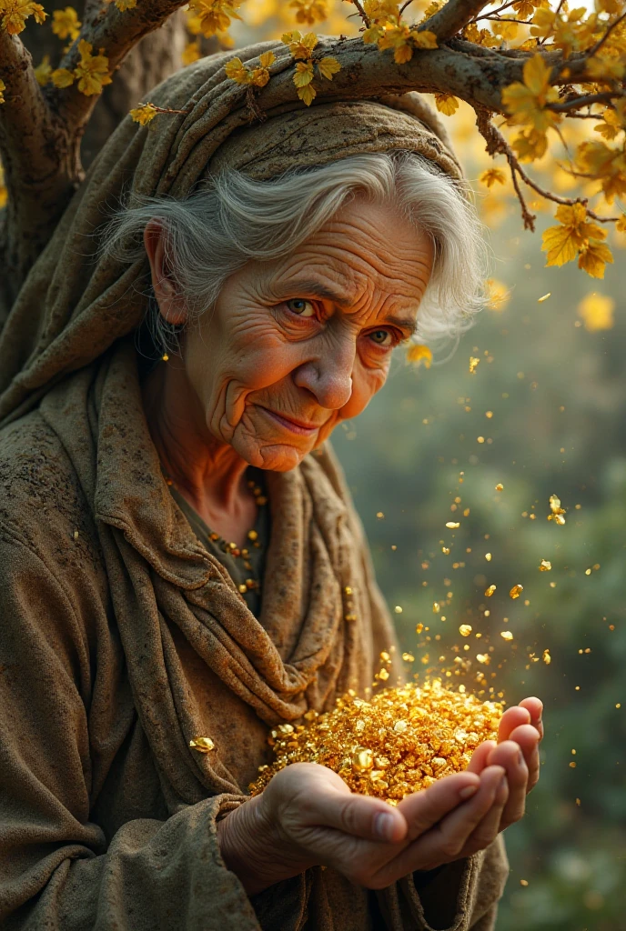 The old woman took a lot of gold from the tree.