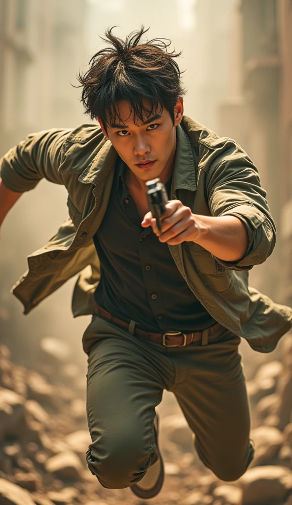 ((photorealism:1.2),  very Handsome  japanese man, 22-27 year-old, he is a actor, filming action movie, with explode sence, he is jumping holding a gun