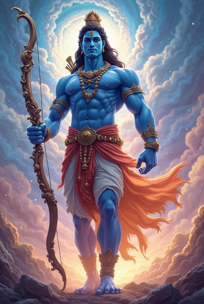 Bhagvan shree ram ji ,fit blue color body,small black hair , in planet,one hand bow and arrow