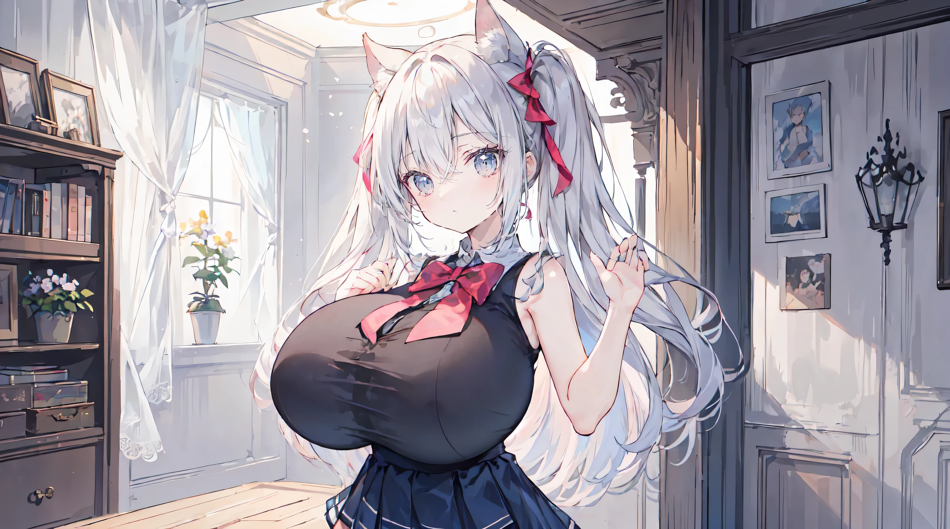 ((sleeveless miniskirt school uniform)),(((very young girl))),upper body,side view,((gigantic-breast)),standing,naked,raise both arms,Fairytale room,,twin tails,