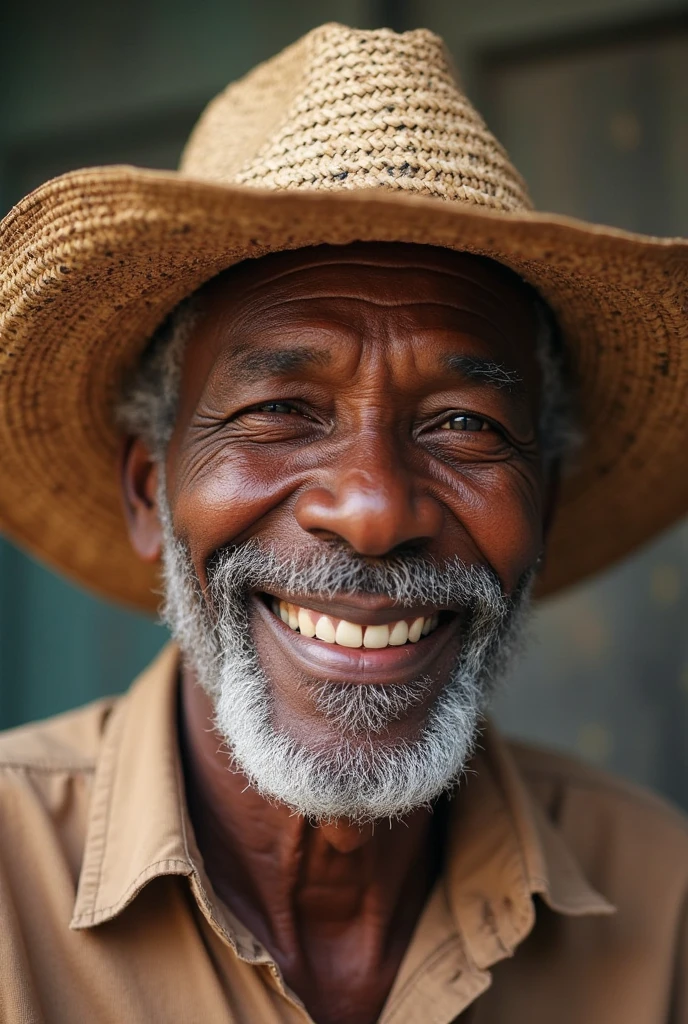 A realistic image of an 8 Black man with a warm, friendly smile, sitting in a simple rural setting. He is wearing a straw hat that partially shades his face, and a basic white t-shirt that contrasts against his aged, dark skin. In his hand, he holds a wooden pipe, with smoke gently rising from it, adding a sense of calm and contentment. The background features a humble wattle and daub house, typical of a rural area, with a beautiful, lush tree nearby providing shade and a touch of nature. The scene captures a sense of joy and tranquility, with natural light illuminating his cheerful expression, creating a lifelike and heartwarming portrait.