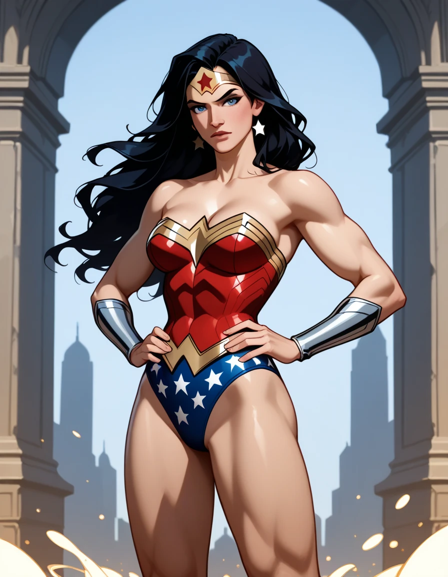masterpiece, best quality, 8k, uhd, dslr, soft lighting, film grain, Fujifilm XT3, artstation, wallpaper, official art, sharp focus, modelshoot style, RAW analog photo of a beautiful sexy skimpy wonder woman, perfect face, perfect eyes, in atompunk city, by greg rutkowski, viktoria gavrilenko, howard lyon and Frank Frazetta