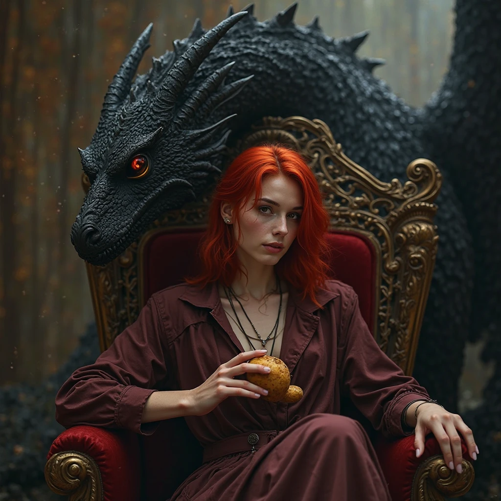 Hot  boy. The scene unfolds with a striking and self-assured ager seated regally on an ornate throne, exuding an aura of quiet confidence. Their crimson red hair cascades down in loose waves, glowing like embers under the dim light, perfectly complementing their piercing crimson eye—a gaze that seems to hold secrets beyond their years. The other eye is concealed by a few strands of hair, adding an air of mystery.

Despite the grandeur surrounding them, this cool  nonchalantly holds a simple potato—its earthy simplicity contrasting sharply with the opulence of the moment, almost as though it's a symbol of their grounded nature amidst all the power.

Behind the throne looms a massive black dragon, its obsidian scales glinting faintly in the low light. Its golden eyes gleam with intelligence and loyalty, watching over the young ruler like a guardian spirit. Smoke curls lazily from its nostrils, blending into the misty atmosphere, while its presence adds both intimidation and majesty to the tableau.

This image captures the essence of paradox: raw power tempered by humility, ancient strength paired with youthful rebellion, and the extraordinary intertwined with the mundane—all embodied by a single figure holding court over their world, one potato at a time.