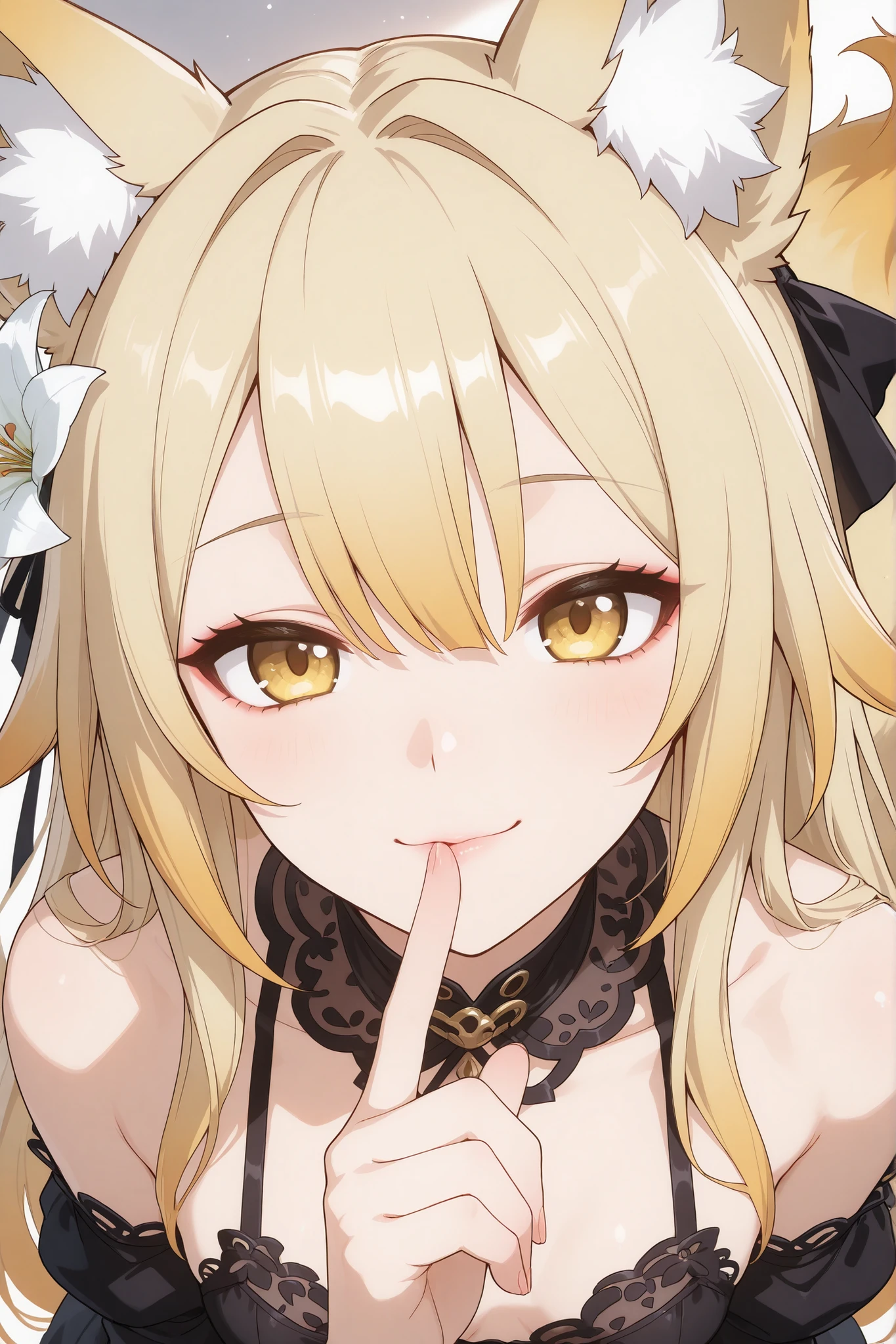 Fox girl, clear light-blonde, Renard, Fox tail, collar, Beautiful, Long Hair, (rosy gradient on hair), cat eyeliner, Golden Eyes with purple shade, small breasts, garter, black lace dress, cheeky, hair ribbon, white lily on hair, alluring, close up face focus, teasing, sexy smile, profile picture, playful, from above angle, playful, sexy, cunning, sly, kissing own finger, rosy gradient