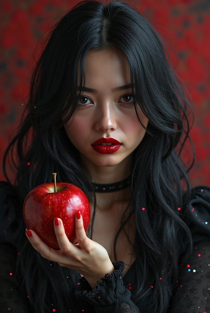 ((Foto RAW), absurdo, (absurd resolution)), obra-prima, Best Quality, (Extremely detailed 8k unit CG wallpaper), (best illustration), (best shade), realistic lighting, detailed and beautiful glitter, ((21 anos)), garota, long black hair, Queen Black, accessories, Apple in hand, poisoned apples,  witch queen, red lipstick background, (((Her photographic perspective)))