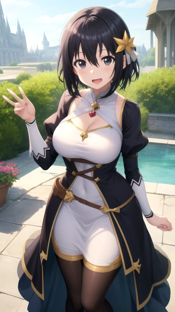 score_9, score_8_up, score_7_up, cowboy shot, solo, 1girl, defEko, brown hair, short hair, bob cut, broken horn, demon horns, purple eyes,, (alley), (on road), smile, looking at viewer, hands behind back, (side cutout, sideboob, turtleneck, shirt overhang, breast curtain), shiny skin, glossy skin,