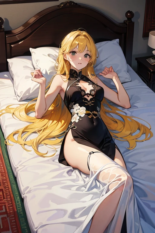 top-quality、realistic touch,high-detail、photoRealstic、long body、thin-waist、captive beauty、big eye、Strong platinum blonde eyelashes、platinum-blond、full body Esbian、Sparkling eyes、Submissive smile、Flushed cheeks、Kamimei、thin-waist、Voluptuous thighs、Enraptured look、Raked bangs、The forehead is protruding、Tight chinese dress、sleeveless、Inside a room、She isn't not wearing panties、wide slit in clothing、is standing