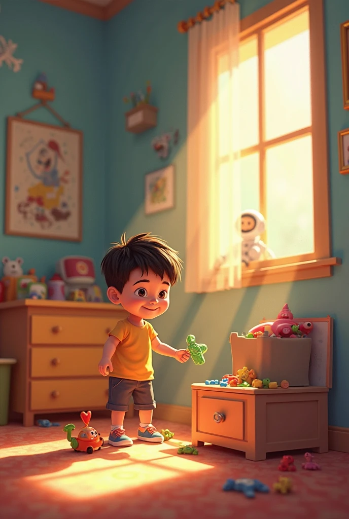 make a picture horizontally, where a  boy is seen, with brown hair, organizing the room 