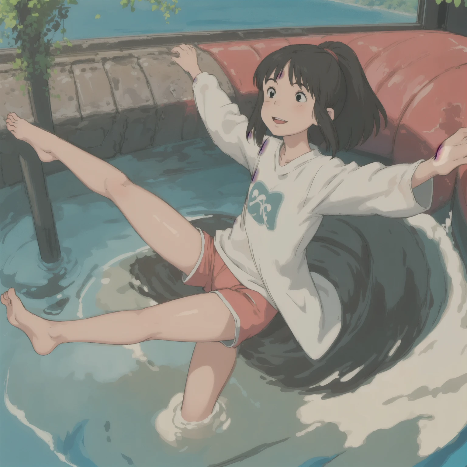 facial details,masterpiece,depth of view,cinematic angle, drsizukachan1, explicit, Shizuka Minamoto, (1 girl, alone, black hair, black eyes, twin tails, twintails, competition swimsuit, barefoot, looking at viewer:1.1, sitting, feet in focus, soles, toes, , wet, swimsuit, bikini, hold Starbucks, next to the school door., scared), nsfw, (giant),