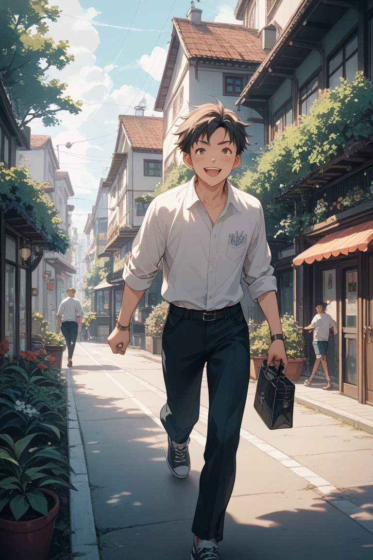 Picture for coloring 、black and white image、It's written with only lines、The lines are thick、The fine lines have been omitted、Ghibli style characters、A boy about  is running on his stomach、smile、Dynamic