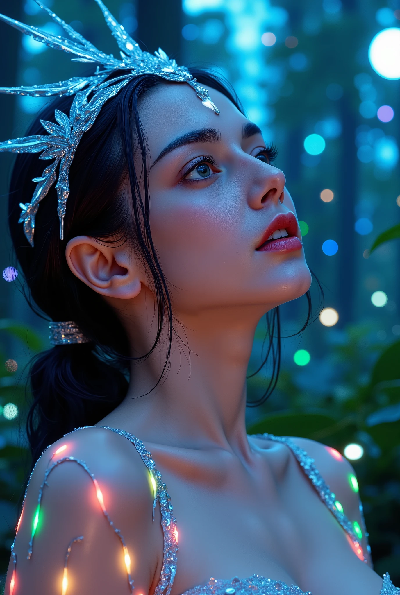 portrait | wide angle of the eyes to one side of the frame, lucid dream - naked woman , Looking into the distance :: 8 styles | daydreampunk with shining skin and eyes, stylized in headdress , beautiful, she's dripping neon lights , very colorful blue, green, purple, Bioluminescent, shining ::8 background | forest, vibrant Wonderland neon , particles , blue, green, purple :: 7 parameters | rule of thirds , golden ratio, asymmetric composition , hyper-maximalist, octane render, Photorealism, integral, Unreal Engine, 8k :: 7 --ar 16 :9 --s 1000