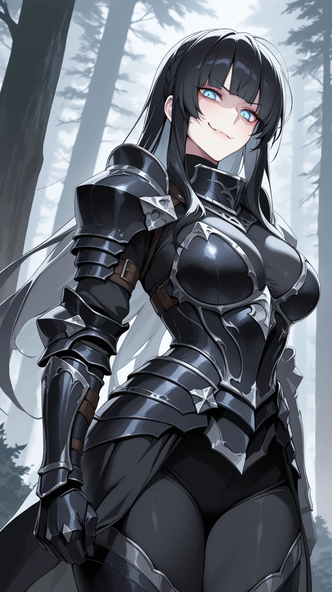 absurdres, (((Ultra HD))), (((Ultra High Quality))), ((hyper detailed)), ((Ultra High Resolution)), (Highly rendered), ((detailed eyes)), (((8K))), ((perfect face)), ((masterpiece)), cinematic, darkened, solo, 1girl, tall, black hair, long hair, blunt bangs, smirk, blue eyes, medium breasts, knight, black armor, gauntlets, black cowl, armored leggings, forest, nighttime