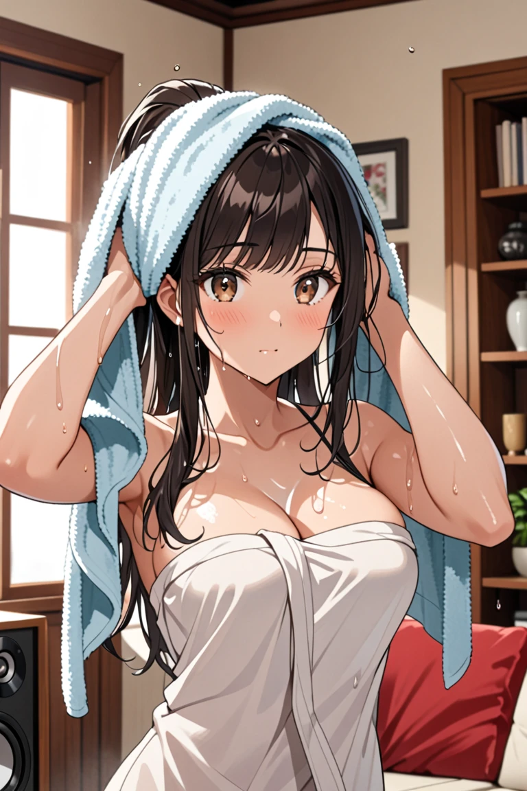 (High quality, High resolution, Fine details), Realistic, Sauna room, (Fog:1.2), (Steam:1.2), solo, curvy women, sparkling eyes, (Detailed eyes:1.2), (Open mouth), (Painful expression:1.2), (blush:1.4), (Sweat:1.4), (Oily skin:1.4), Side view, shallow depth of field