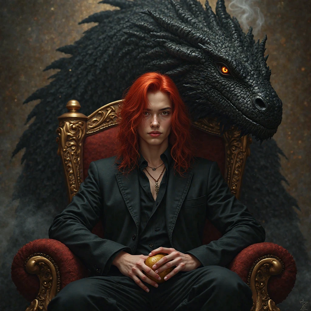 Handsome hot boy. The scene unfolds with a striking and self-assured ager seated regally on an ornate throne, exuding an aura of quiet confidence. Their crimson red hair cascades down in loose waves, glowing like embers under the dim light, perfectly complementing their piercing crimson eye—a gaze that seems to hold secrets beyond their years. The other eye is concealed by a few strands of hair, adding an air of mystery.

Despite the grandeur surrounding them, this cool  nonchalantly holds a simple potato—its earthy simplicity contrasting sharply with the opulence of the moment, almost as though it's a symbol of their grounded nature amidst all the power.

Behind the throne looms a massive black dragon, its obsidian scales glinting faintly in the low light. Its golden eyes gleam with intelligence and loyalty, watching over the young ruler like a guardian spirit. Smoke curls lazily from its nostrils, blending into the misty atmosphere, while its presence adds both intimidation and majesty to the tableau.

This image captures the essence of paradox: raw power tempered by humility, ancient strength paired with youthful rebellion, and the extraordinary intertwined with the mundane—all embodied by a single figure holding court over their world, one potato at a time.