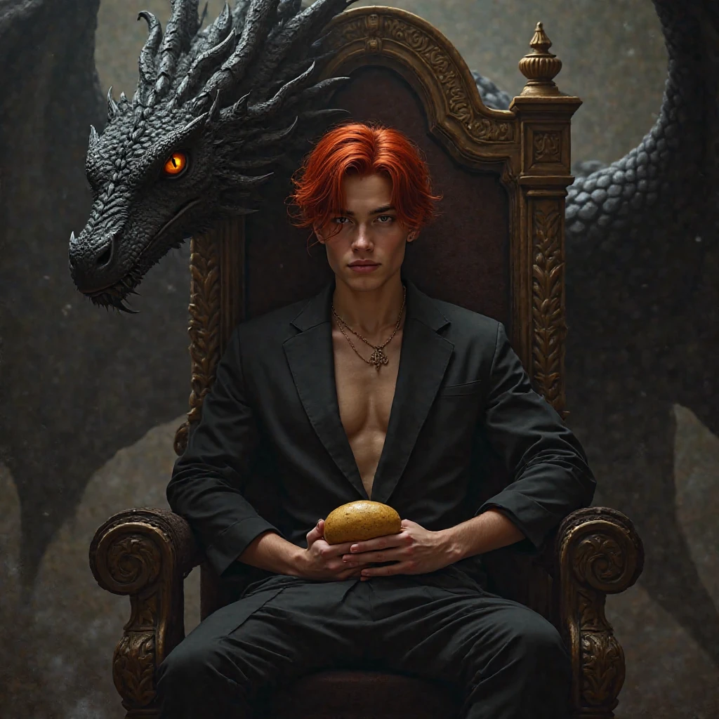 Handsome hot boy. The scene unfolds with a striking and self-assured ager seated regally on an ornate throne, exuding an aura of quiet confidence. Their crimson red hair cascades down in loose waves, glowing like embers under the dim light, perfectly complementing their piercing crimson eye—a gaze that seems to hold secrets beyond their years. The other eye is concealed by a few strands of hair, adding an air of mystery.

Despite the grandeur surrounding them, this cool  nonchalantly holds a simple potato—its earthy simplicity contrasting sharply with the opulence of the moment, almost as though it's a symbol of their grounded nature amidst all the power.

Behind the throne looms a massive black dragon, its obsidian scales glinting faintly in the low light. Its golden eyes gleam with intelligence and loyalty, watching over the young ruler like a guardian spirit. Smoke curls lazily from its nostrils, blending into the misty atmosphere, while its presence adds both intimidation and majesty to the tableau.

This image captures the essence of paradox: raw power tempered by humility, ancient strength paired with youthful rebellion, and the extraordinary intertwined with the mundane—all embodied by a single figure holding court over their world, one potato at a time.