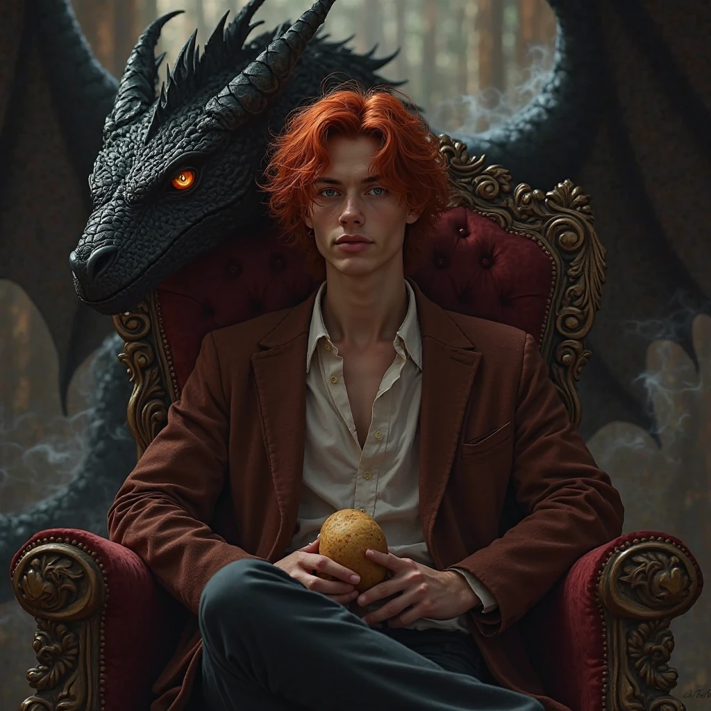 Handsome hot boy. The scene unfolds with a striking and self-assured ager seated regally on an ornate throne, exuding an aura of quiet confidence. Their crimson red hair cascades down in loose waves, glowing like embers under the dim light, perfectly complementing their piercing crimson eye—a gaze that seems to hold secrets beyond their years. The other eye is concealed by a few strands of hair, adding an air of mystery.

Despite the grandeur surrounding them, this cool  nonchalantly holds a simple potato—its earthy simplicity contrasting sharply with the opulence of the moment, almost as though it's a symbol of their grounded nature amidst all the power.

Behind the throne looms a massive black dragon, its obsidian scales glinting faintly in the low light. Its golden eyes gleam with intelligence and loyalty, watching over the young ruler like a guardian spirit. Smoke curls lazily from its nostrils, blending into the misty atmosphere, while its presence adds both intimidation and majesty to the tableau.

This image captures the essence of paradox: raw power tempered by humility, ancient strength paired with youthful rebellion, and the extraordinary intertwined with the mundane—all embodied by a single figure holding court over their world, one potato at a time.