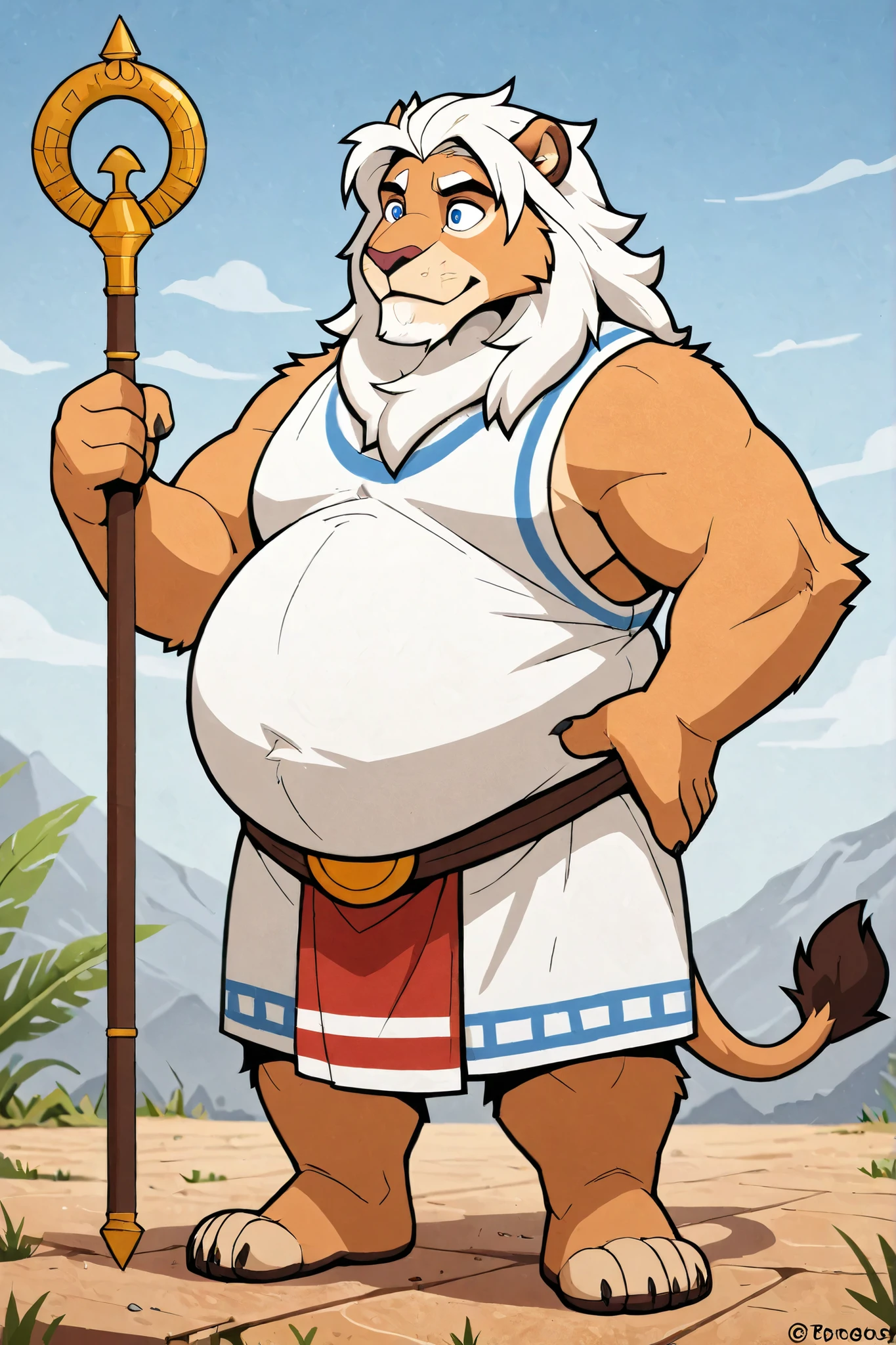 lion, furry, male focus, big belly, fat body, white long hair, white beard, blue eyes, white tunic, Greek style, similar to Zeus, full body