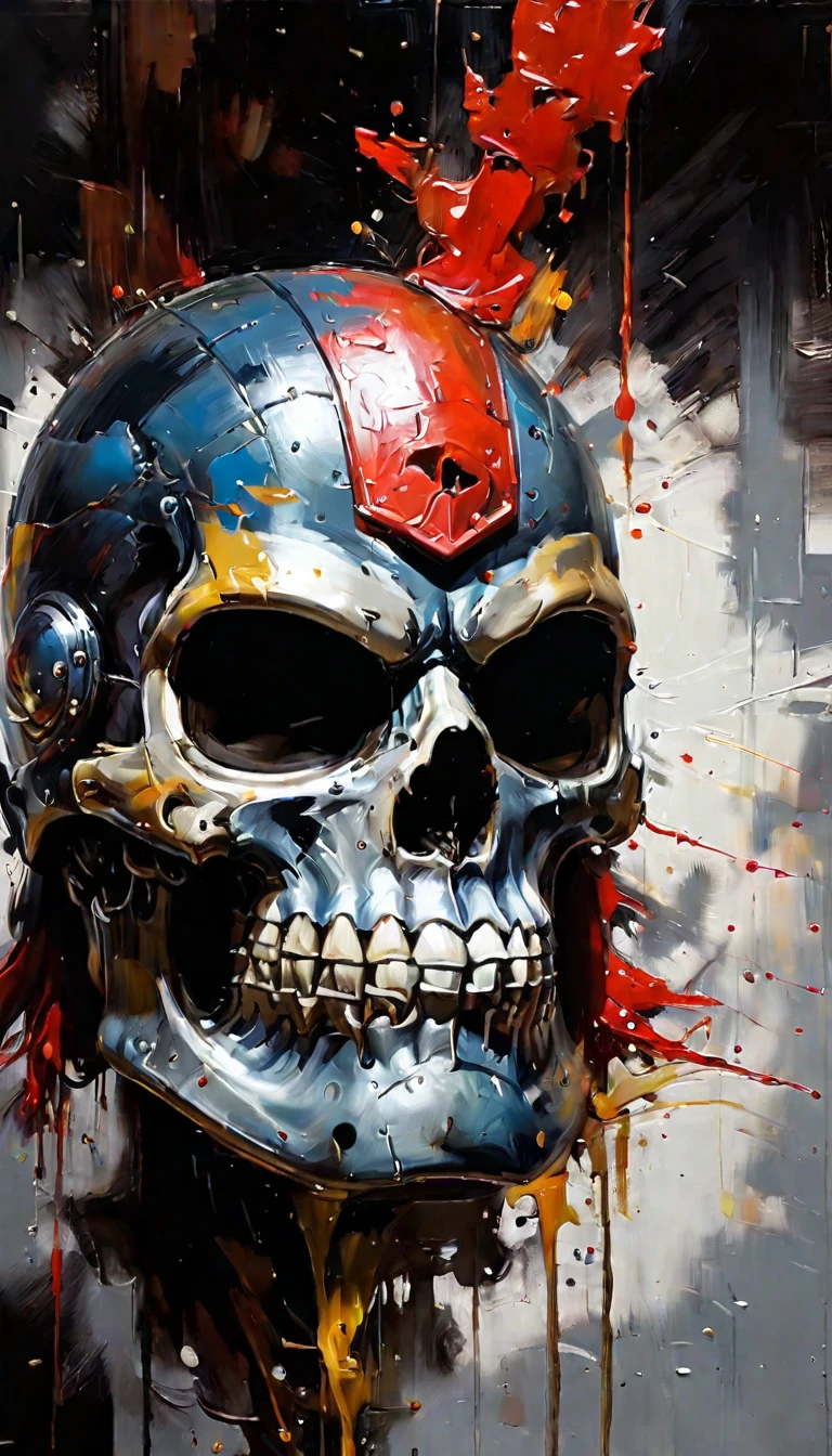pixel sorted，Superhero skull，(Blood Art:1.2)，Blood-stained battle flags，steampunc，Metal polished skeleton painting of man on black background,Various weapons surround the skull，Form different structures， breath-taking rendering, Magical rainbow elements,Splendid round rainbow combination，circular composition，Solo
