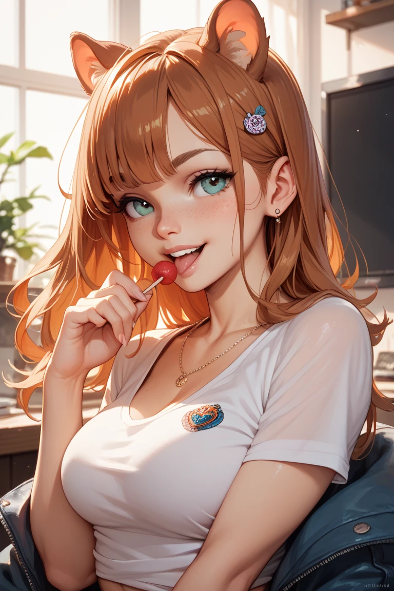 masterpiece,best quality,amazing quality,very aesthetic,absurdres,newest,highly detailed,highres, close-up portrait, beautiful,(gyaru:1.3), inoue orihime,orange hair,long hair,brown eyes,white eyeshadow, black eyeliner, Shiny skin,pink lipstick,white collared shirt,simple background,blue background,fellatio gesture,one hand,depth of field,flirty,looking at viewer,from the side, ((decora, accessories)), clean lines,smooth lines,sharp,gigantic , (necklaces, bracelets, rings)