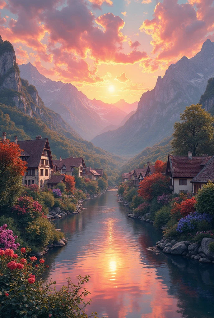 a small village by the river, mountains in the background, floral flowers colorful, detailed landscape, Beautiful natural landscapes, atmospheric lighting, scorching sunset, warm colours, practical, photopractical, Detailed Foliage, complex buildings, cobblestone street, Charming country house, swirly vibrant colors, lush vegetation, Still water reflections, Picturesque, idyllic, work of art, best qualityer, 8k, extremely detaild,anime styling