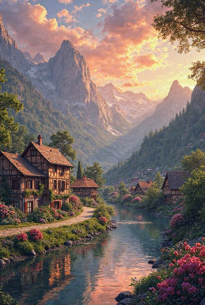 a small village by the river, mountains in the background, floral flowers colorful, detailed landscape, Beautiful natural landscapes, atmospheric lighting, scorching sunset, warm colours, practical, photopractical, Detailed Foliage, complex buildings, cobblestone street, Charming country house, swirly vibrant colors, lush vegetation, Still water reflections, Picturesque, idyllic, work of art, best qualityer, 8k, extremely detaild,anime styling