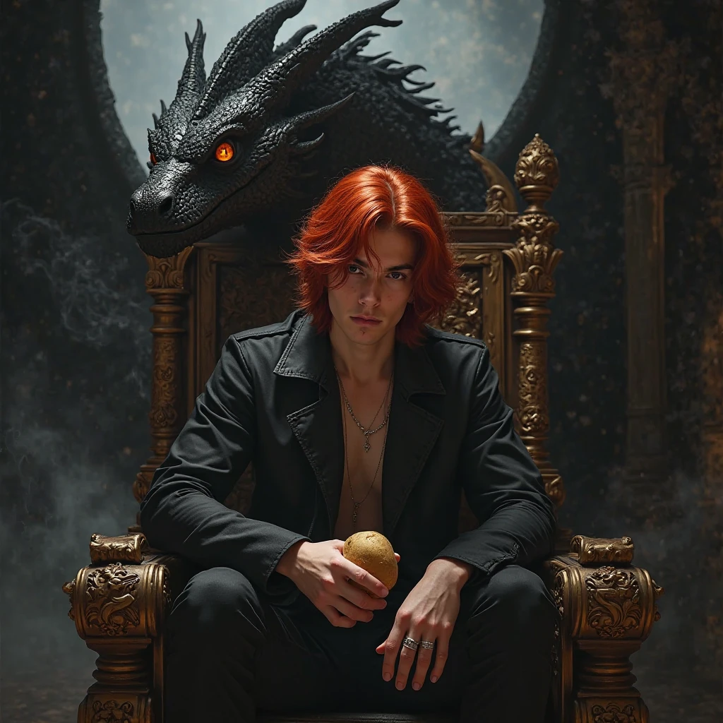 Handsome hot body  boy. The scene unfolds with a striking and self-assured ager seated regally on an ornate throne, exuding an aura of quiet confidence. Their crimson red hair cascades down in loose waves, glowing like embers under the dim light, perfectly complementing their piercing crimson eye—a gaze that seems to hold secrets beyond their years. The other eye is concealed by a few strands of hair, adding an air of mystery.

Despite the grandeur surrounding them, this cool  nonchalantly holds a simple potato—its earthy simplicity contrasting sharply with the opulence of the moment, almost as though it's a symbol of their grounded nature amidst all the power.

Behind the throne looms a massive black dragon, its obsidian scales glinting faintly in the low light. Its golden eyes gleam with intelligence and loyalty, watching over the young ruler like a guardian spirit. Smoke curls lazily from its nostrils, blending into the misty atmosphere, while its presence adds both intimidation and majesty to the tableau.

This image captures the essence of paradox: raw power tempered by humility, ancient strength paired with youthful rebellion, and the extraordinary intertwined with the mundane—all embodied by a single figure holding court over their world, one potato at a time.