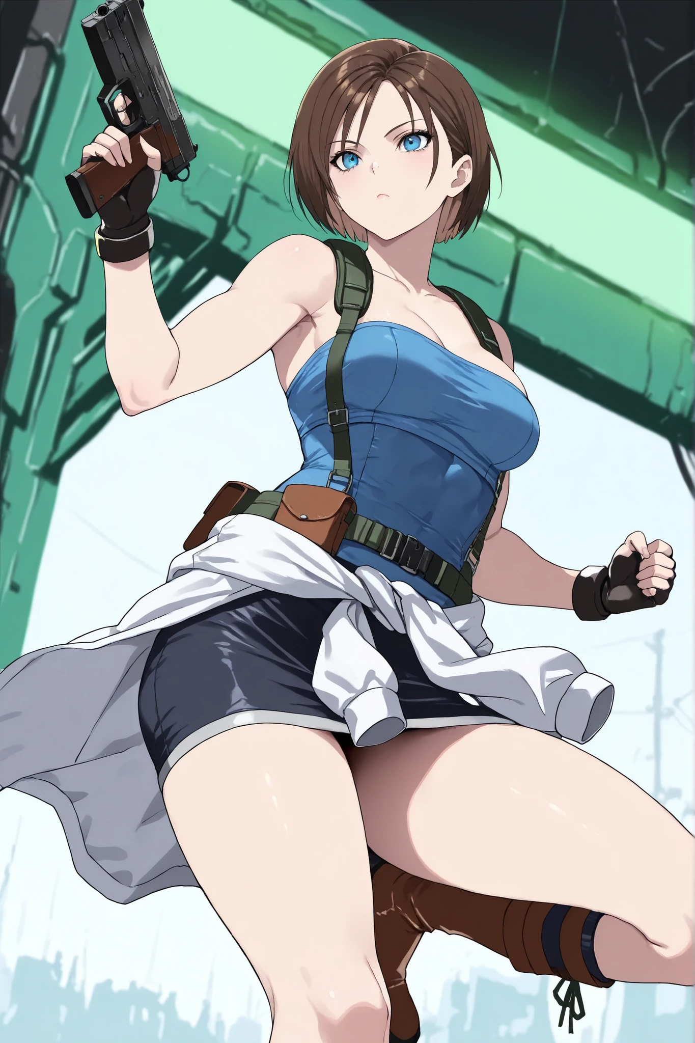 (masterpiece, top quality:1.2), 1 girl,action、 black skirt、blue bear top、fingerless gloves。brown hair。 stomach covered by a blue tube top.solo.Jll Valentine,. ,blue eyes,Jill Valentine, 1girl, short hair, brown hair, blue eyes, breasts, tube top, bare shoulders, skirt, clothes around waist, boots