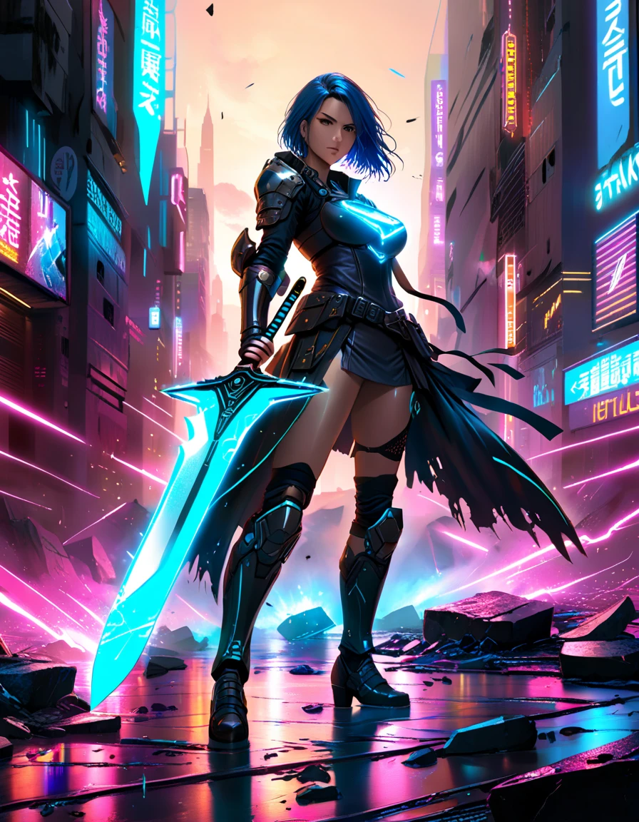 Blue-haired woman with a sword,Blindfolded,cyber-punk,Side Body --auto