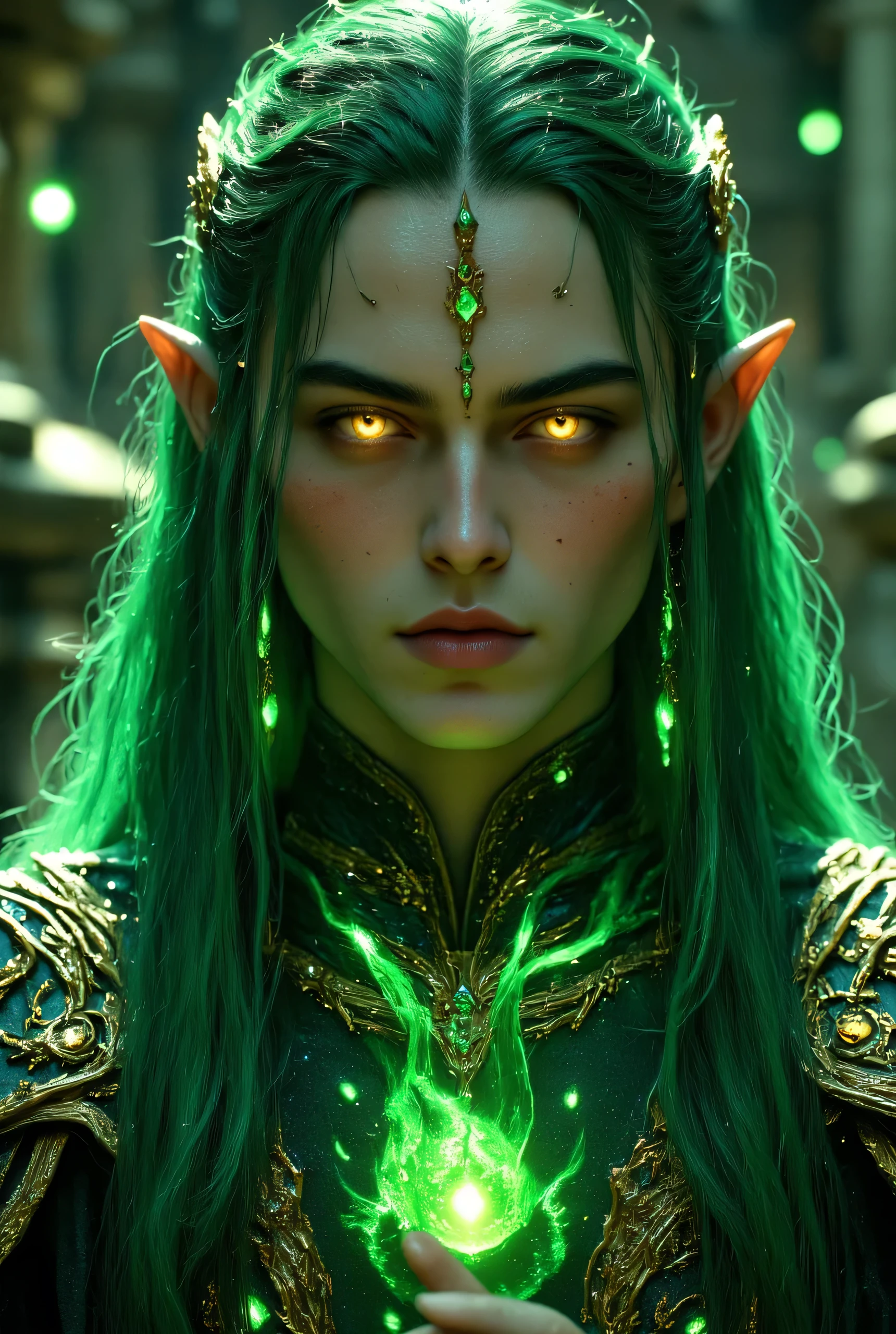 Very thin, crunchy male elf king((Beautiful luminous green hair with long mullet hair))A beautiful man with a very thin, smooth chin and clean, thin cheeks((very, very large, hanging glowing golden eyes))Elf's Long Earsの絶世美男子は発光緑mullet髪((A 50-year-old man with beautiful, smooth, pale skin1Man is the King of the Wind God))Precise hands and fingers and a beautiful face(A huge, very long, luxurious crown)luxurious magic stone necklace、 Gorgeous Jewel Earrings (50-year-old male aristocrat king with his mouth shut)The luxurious cloak costume of medieval royalty((Luxurious medieval aristocrat fantasy costume with detailed pattern))Look at Viewer、Very large, beautifully glowing golden eyes、DYNAMIC POSE、Elf's Long Ears