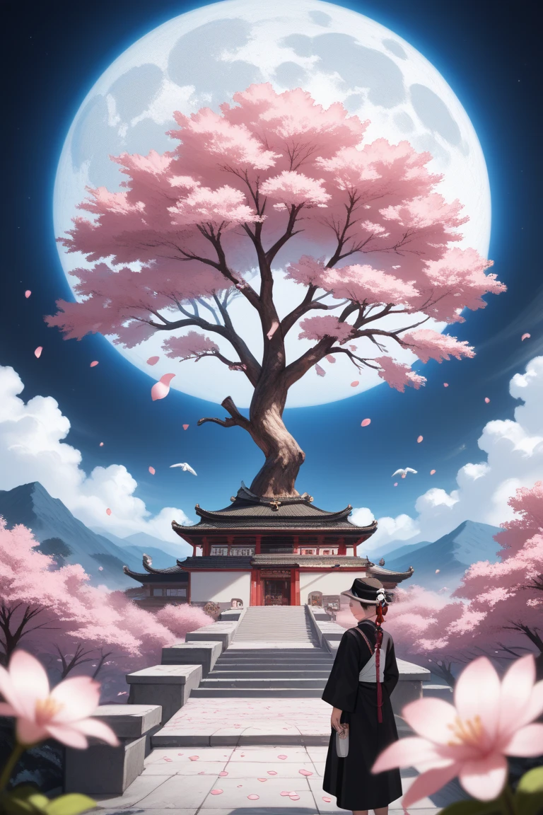 An ancient, gnarled sakura tree with twisted trunk (hyper-detailed bark: deep grooves, lichen patches), off-center left, sparse pink blossoms (5% saturation). Fallen petals on cracked ceramic plates, very tiny silhouette bird fully wings open near the moon, luminous fog weaving through roots. Distant volcanic mountain under a veiled moon. 16:9 ratio, uncropped, monochrome charcoal gradients, 10% white space in sky, ultra-realistic, Ghost of Tsushima melancholy, depth of field.