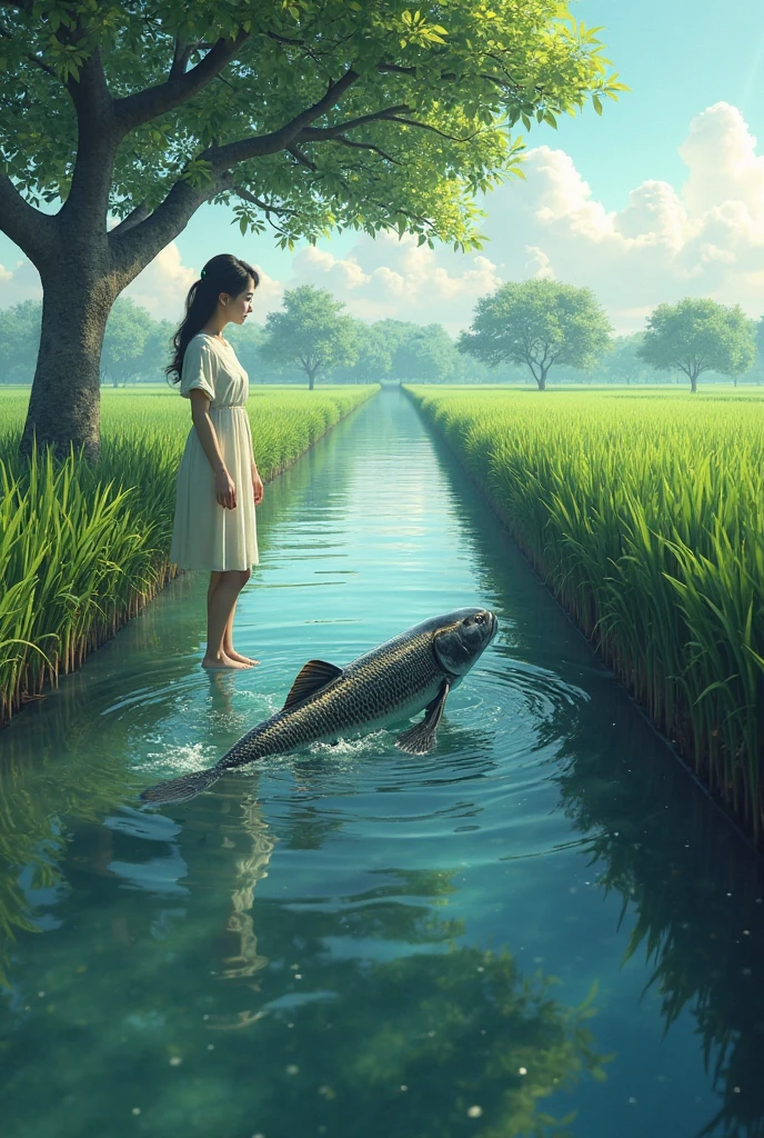 remote view, Panoramic view of the underwater catfish crawling up the banks of the canal in the rice field. Beautiful girl standing under the tree watching the fish crawling ashore