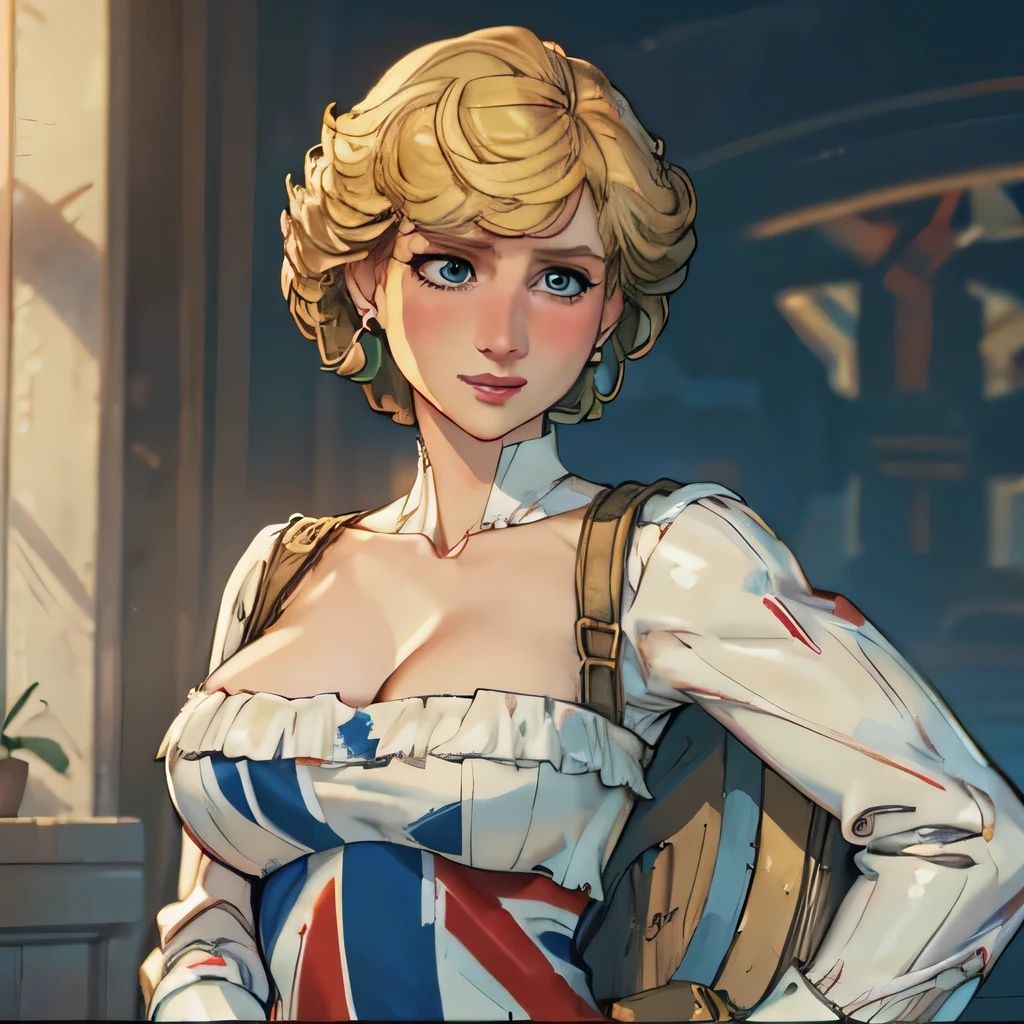 (masterpiece:1.3), (8K, Realistic, RAW Photos, Highest quality: 1.4), (One Girl), Beautiful Face, (Realistic Face), Beautiful Hairstyles, Realistic eyes, Beautiful details, (Realistic Skin), Beautiful Skin, Absurd, charm, Ultra-high resolution, Ultra-realistic, Very detailed, Golden Ratio, (Best Shadow), Cinematic, (Complex:1.4), High Contrast, Side lighting, ((Accurate hands and fingers)), Caucasian female, ((Princess Diana)), (laughing:1.1), (Captain Britain), (Blonde Hair, short hair:1.3), NSFW (大きな乳房), くびれたウエスト, 大きな尻, NSFW (she have UnionJack body peint), (she equip large round shield of UnionJack), BREAK ((fcowboy shot))