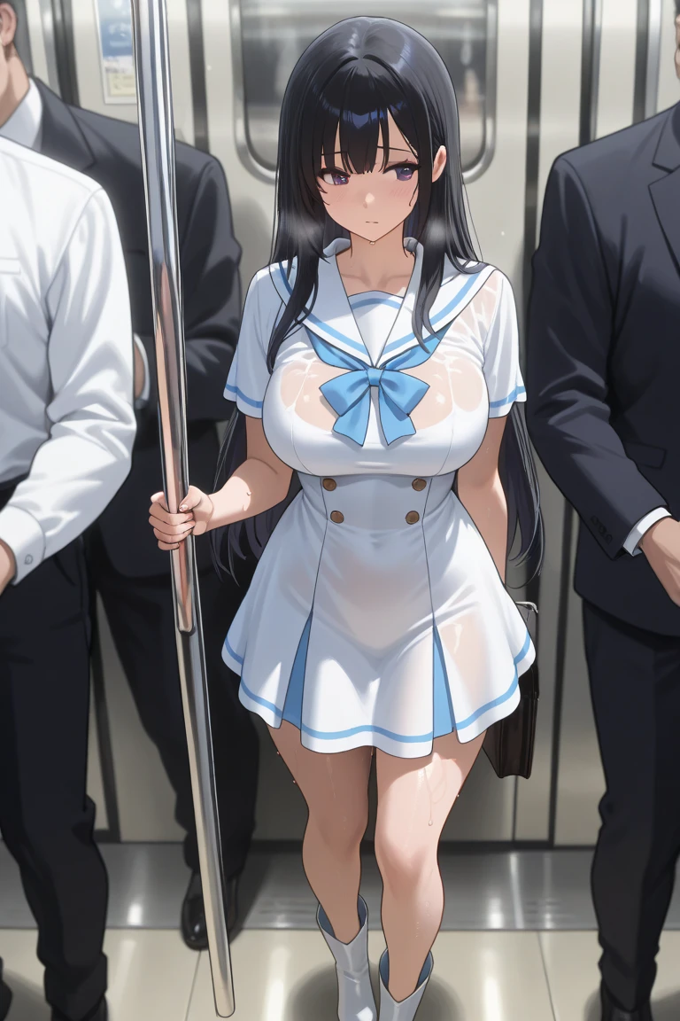 A beautiful woman with long black hair, big breasts, beautiful legs, and a sharp face is standing on a train in a sailor uniform with a white miniskirt, glaring at a middle-aged man in a suit behind her.。