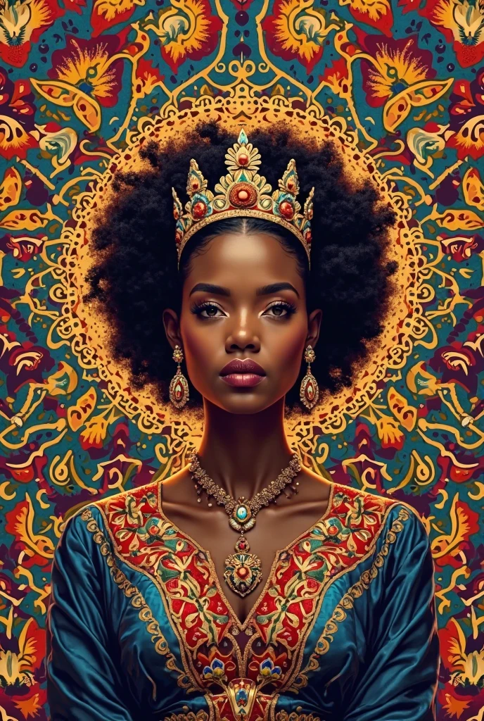 Add a background with an African pattern, Create a flyer with an image of the African queen or Luisa Mahin in the center