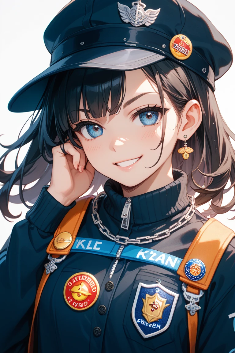 Super deformed chibi girl character (2-heads tall), age 10-15, A-type personality: neat, serious, slightly clumsy, hardworking and shy. She has a black bob haircut with straight bangs. Wearing a natural-style outfit in soft colors. She is smiling brightly and warmly. Designed for merchandise (keychains, badges). Transparent or simple background. Kawaii Japanese style.
