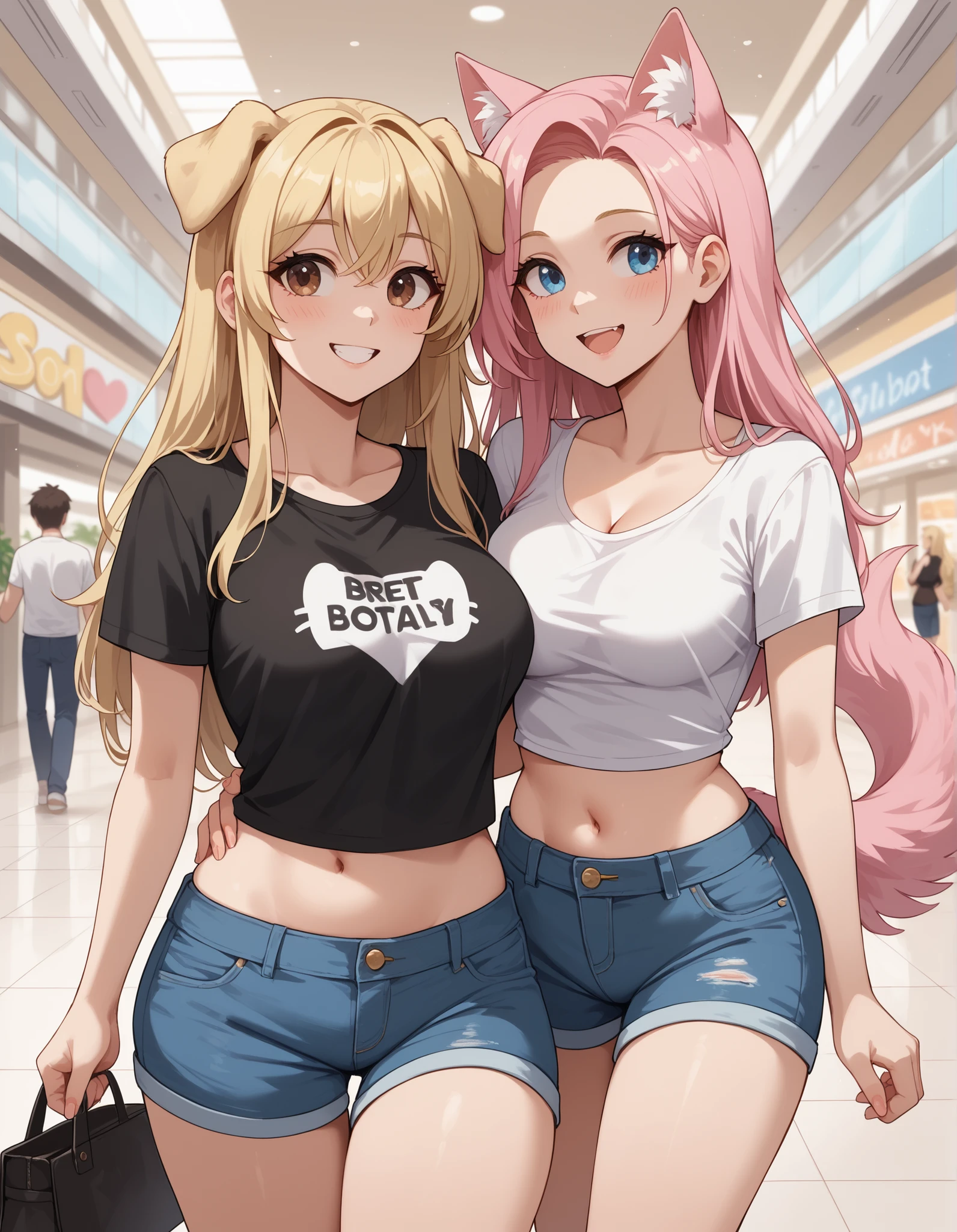 (Masterpiece) (High Detail) (High Res) A curvy slim Humanoid canine female with pale human skin and brown eyes and long blonde straight hair and fluffy blonde floppy golden retriever dog canine ears and a long fluffy blonde golden retriever dog canine tail and medium breasts. She is wearing a white crop top which shows lots of cleavage and black skirt. She is walking at the outdoor mall with another girl. The second girl is a curvy and busty humanoid feline female with very pale human skin and bright blue eyes and long straight pink hair and pointed pink cat eats and a long pink cat tail. The second girl is wearing black, a black t-shirt and blue denim short shorts. They are smiling and talking together while walking through the outdoor mall and are holding onto each other and looking into each other's eyes. Cute. Romantic. Date. Lesbian Date. Bright colours. Bright lighting. Different outfit colours. Looking at each other. Talking. Street food vendors.