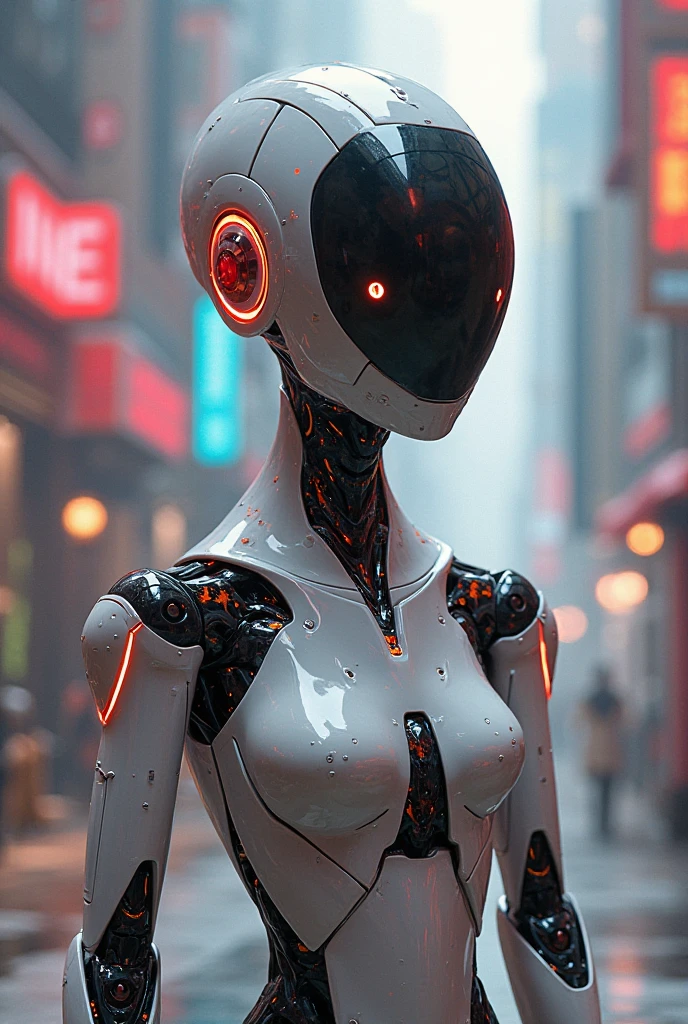 Mechanical Creature, ((Masterpiece, top quality, high resolution, highly detailed CG unified 8K wallpaper)), (huge stunning goddess shot, very hot and sexy, jaw-dropping beauty, perfect proportions, beautiful body, slim body beauty:1.3), A mechanical creature appears in a city and hunts humans, (a multi-legged creature covered in white armor all over its body, helmet-like head shape, white lips, black eyeballs, red eyes, multiple sensor-like eyes glowing red, squid-like lower body, tentacles, black and white body with a plastic sheen:1.5), brutal and emotionless,