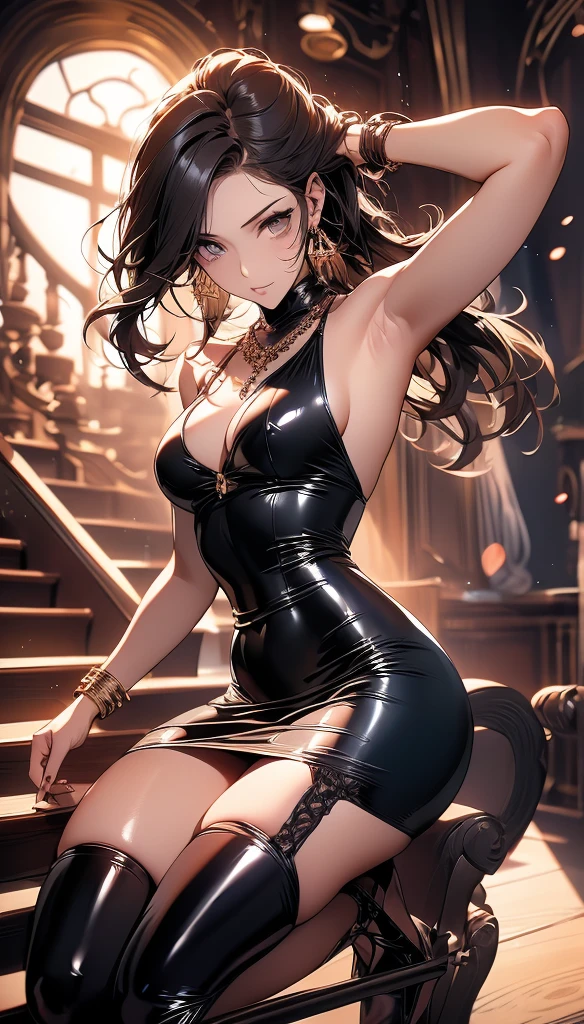 (masterpiece:1.3),(best quality, highest quality),((Full Body Shot,Including face)),1girl,4K,masterpiece,((Focus on the face)),((Symmetrical facial features)),Beautiful woman,slender,Beautiful feet,((enamel,Gloss,Striped long skirt,High heels,Black Garters,Tockings)),Detailed depiction of the face(Hotel,Sit on the spiral staircase:1.5),corset,Panty shot