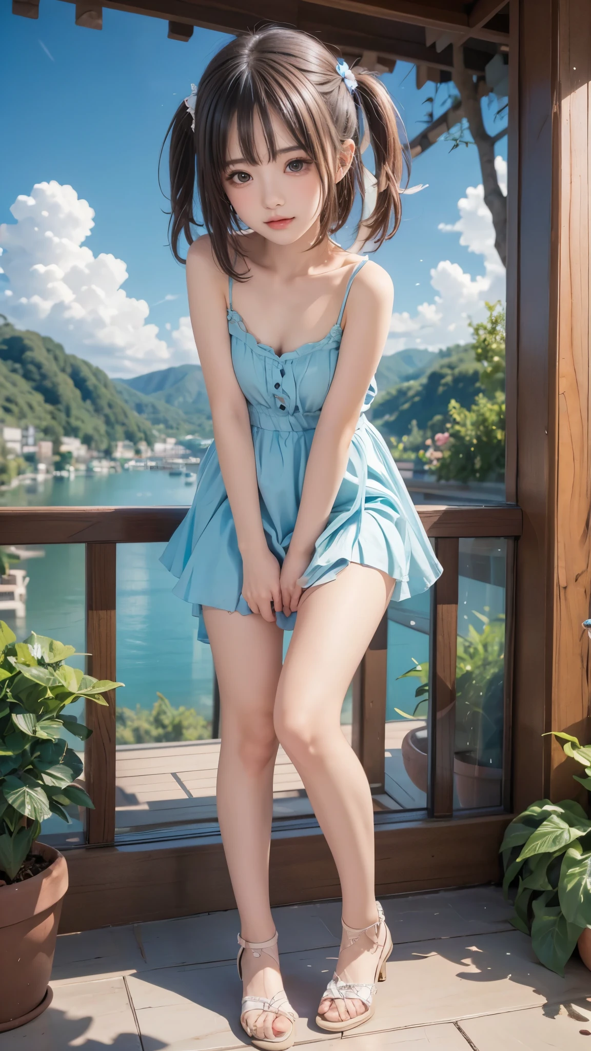 ((full body))、(Transcendental Cute Beautiful Girl、Baby Face、Young Face、idol faces)、slender body、Small beautiful breasts、thin thighs、Cute Miniskirt Dress、 small nice ass、cute face、Strong blush、Beautiful nose、Moist Duck Mouth、fantastic scenery、top quality、8K、 RAW photos 、reality、Ultra Fine、(perfect anatomy)、perfect eight-life body hanged、(((masturbating together)))、(detailed hands:1.mall right hand:1.3)