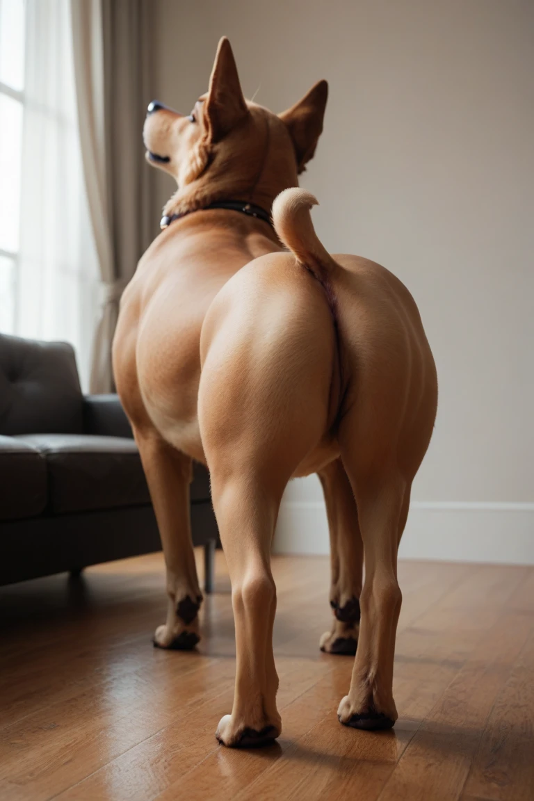 Feral, Female, dog, large ass, tail up, presenting ass, wearing collar, wearing stockings, visible anus, visible pussy, paws, dog bowl with cum, cum dripping from ass