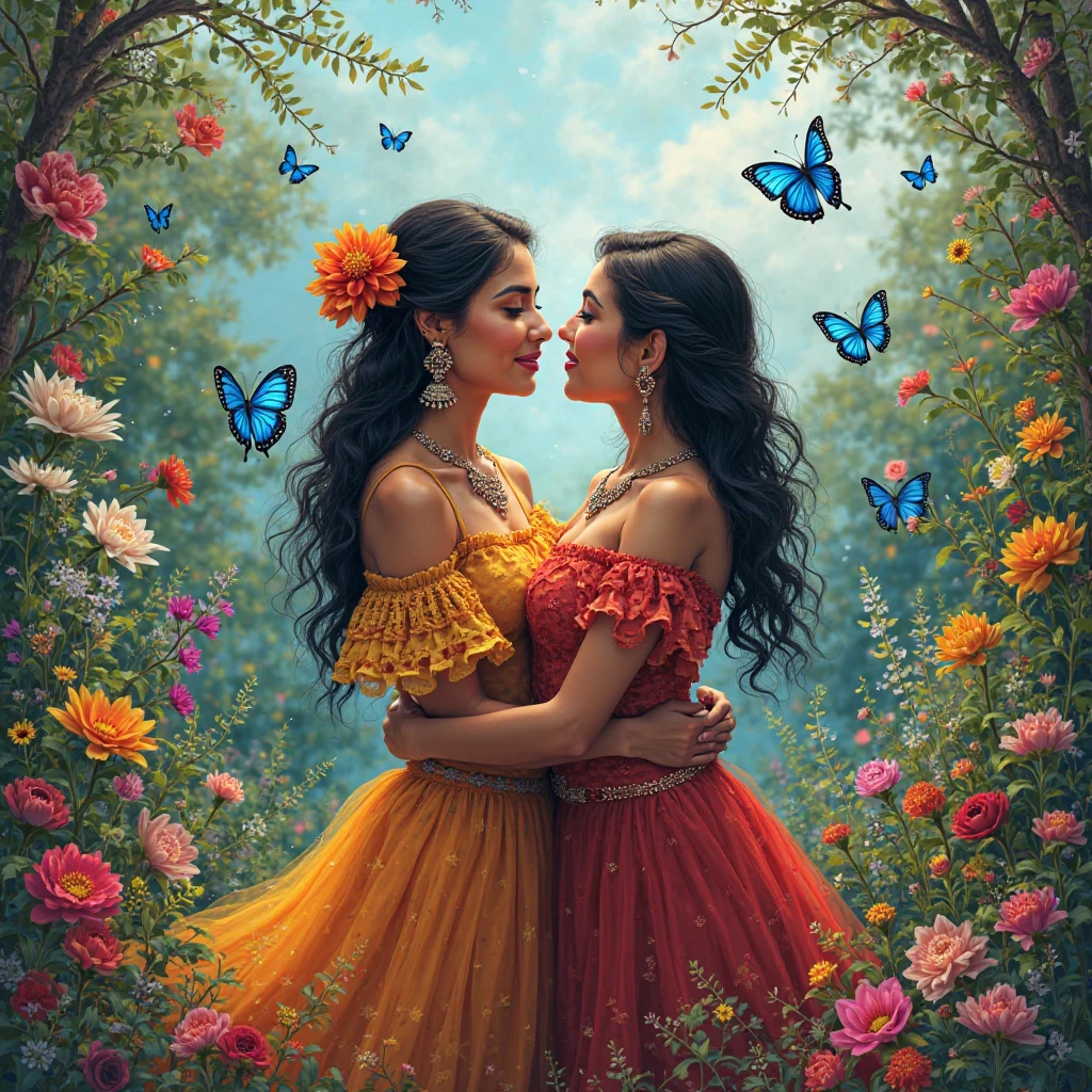 create an image of a landscape full of flowers and blue butterflies with two Latin women embracing 