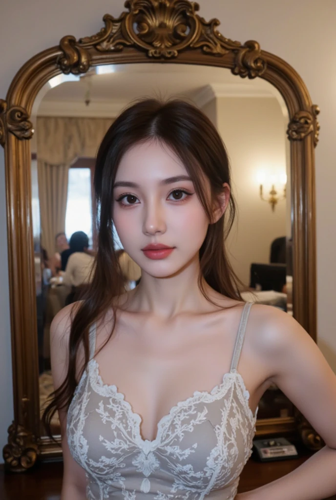 1 Girl, Beautiful, Baby Face, 20 Years Old, White Skin, Sexy Look, Red lipstick, sensual Lipstick, Red Glossy Lipstick, Sensational Make up Artist, Eyeshadow, Georgeus, Cleavage, ((White Maid Outfit)), Huge Colossal Chest, Blue Eye, Muscles:1.3, Outdoor, ((Bokeh:1.1)), Pink Glossy Hair, ((Diamond Earrings)), Apple Watch