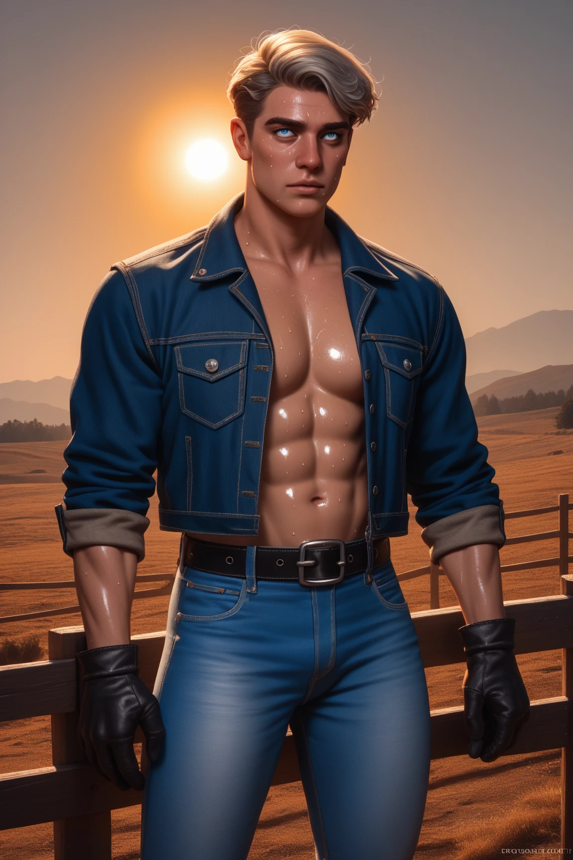 realistic and detailed, young pumped man, cowboy, on farm, naked torso, chaps, 4 abs, bikini, very short hair, sweat dripping on body, greedy expression, farm or animal on background, detailed face, detailed hands, detailed eyes, detailed skin, dynamic lighting --auto --s2